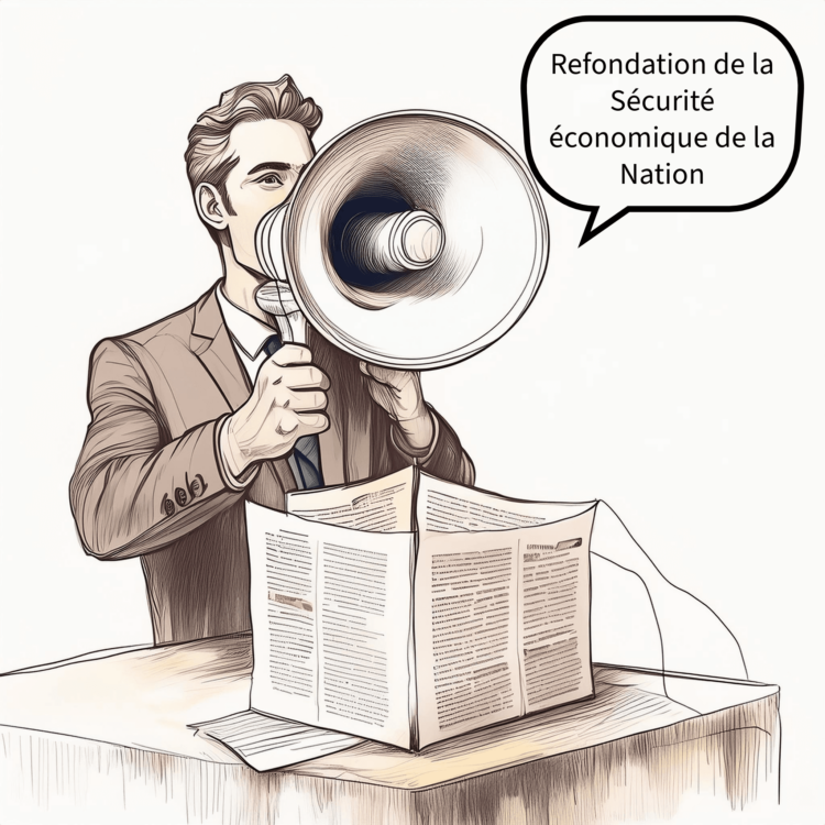 Homme parlant dans un mégaphone d'où sortent les mots " Refondation de la sécurité économique de la nation"